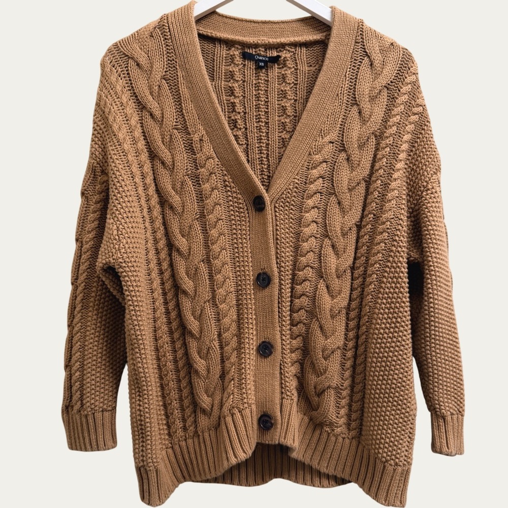 Quince Organic Cotton Oversized Cable Cardigan Sweater Camel Brown XS Chunky